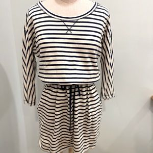 LOFT summer classic, boat striped navy and cream, sweatshirt drawstring dress.
